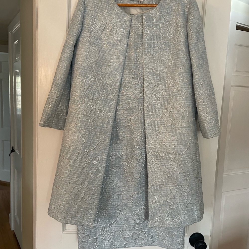 Sara Campbell light blues and silver sheath dress with jacket